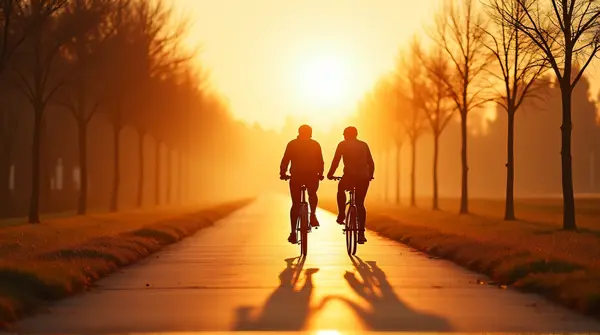 Cyclists Riding On Amber Lit Paved Path