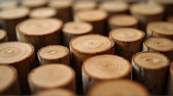 Close-up of cylindrical timber pieces showing circular cross-sections and wood grain under soft side lighting