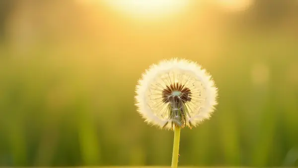 Dandelion Puffball With Floating Seeds In Meadow