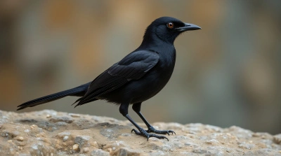 Dark Bird Perched On Muted Rocky Surface