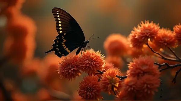 Dark Butterfly On Fiery Color Leaves