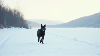 Dark Canine On Icy Terrain With Bare Trees