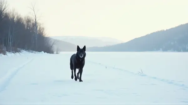 Dark Canine On Icy Terrain With Bare Trees