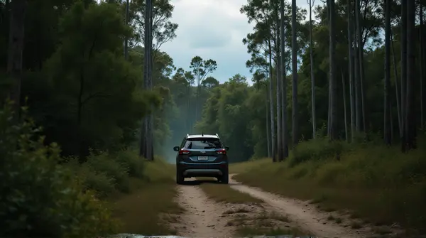 Dark Car Driving On Dirt Trail Under Cloudy Sky