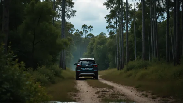 Dark Car Driving On Dirt Trail Under Cloudy Sky