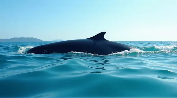 Large dark cetacean gliding through shimmering aquamarine waves under clear sky from a low angle