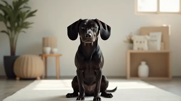 A dark-coated dog with floppy ears sits upright on a smooth surface in a softly lit minimalist room.