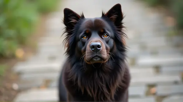 Dark-coated dog with shiny fur standing attentively on textured stone pathway in soft natural light