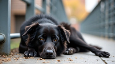 Dark Dog Resting Near Metal Handrail Urban Scene