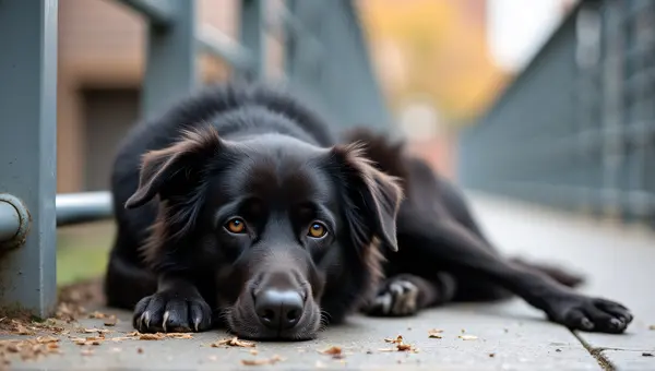 Dark Dog Resting Near Metal Handrail Urban Scene