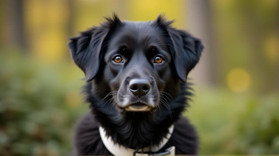 Dark Dog With White Collar In Soft Light