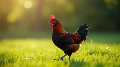 Dark Feathered Chicken On Lush Meadow