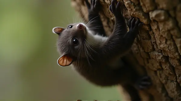 Small dark fur bat hanging upside down on rough bark with soft natural light highlighting texture.