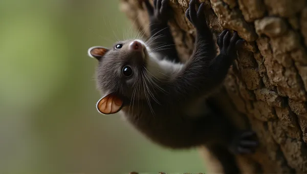 Dark Fur Bat Hanging On Bark Texture