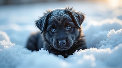 Dark-Furred Canine Resting In Frosty Landscape