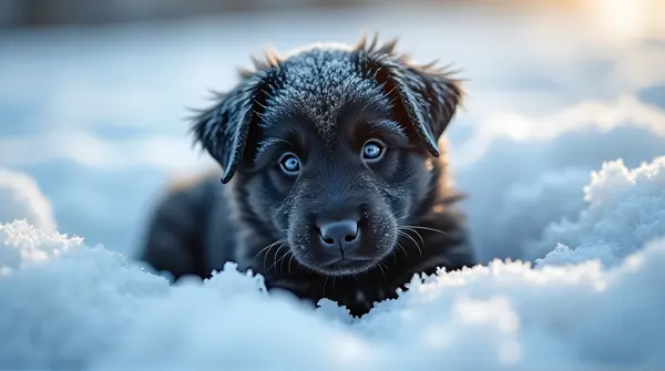 Dark-Furred Canine Resting In Frosty Landscape