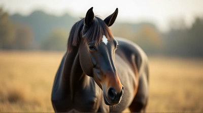 Dark Horse Standing Calmly In Open Field