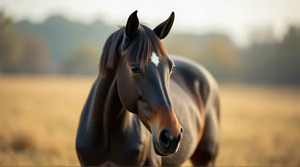 Dark-coated horse standing peacefully in an open grassy field with blurred background