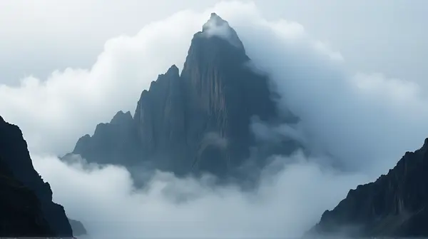 A tall dark peak wrapped in swirling low clouds with jagged cliffs framing the summit.