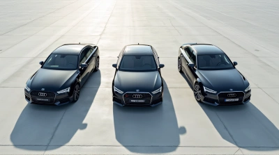 Dark Sedans Parked Diagonally On Concrete Lot