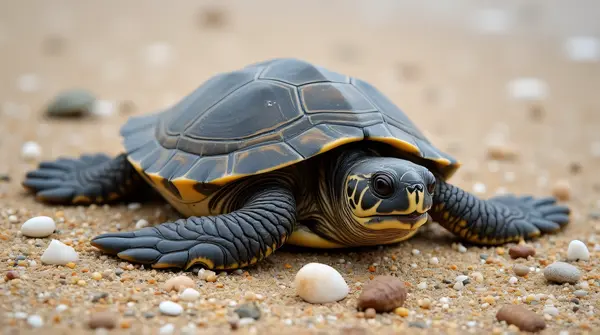 Dark shelled turtle on a grainy beige shoreline surrounded by scattered shells and fine pebbles.