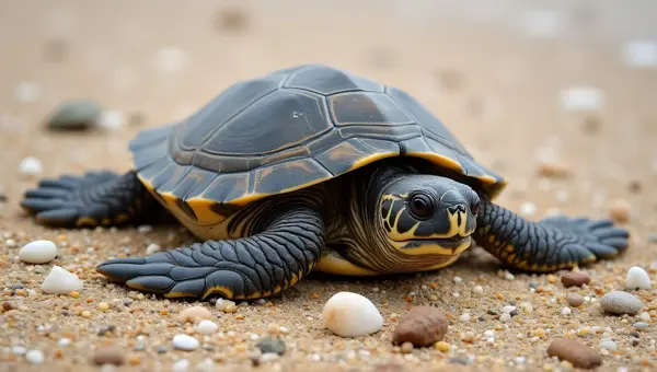 Dark Shelled Turtle On Grainy Shoreline With Pebbles