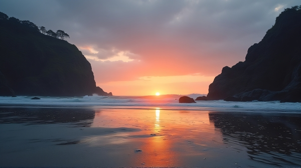 Dark stone formations outlined by a glowing horizon over reflective wet sand at low tide on the coast.