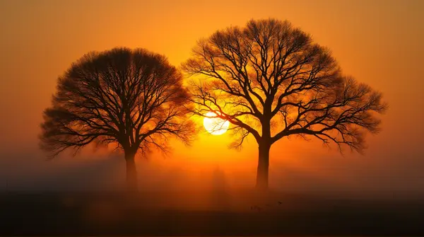 Dark tree outlines rise with mist swirling at their bases against a glowing amber horizon.