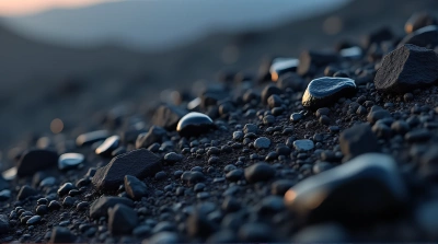 Dark Volcanic Grains On Rugged Terrain Closeup