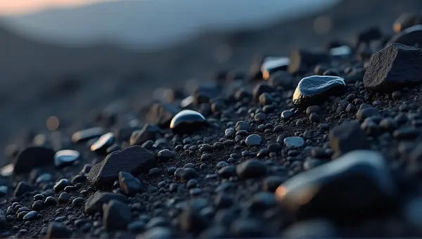 Dark Volcanic Grains On Rugged Terrain Closeup