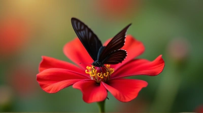 Dark-Winged Butterfly on Crimson Blossom