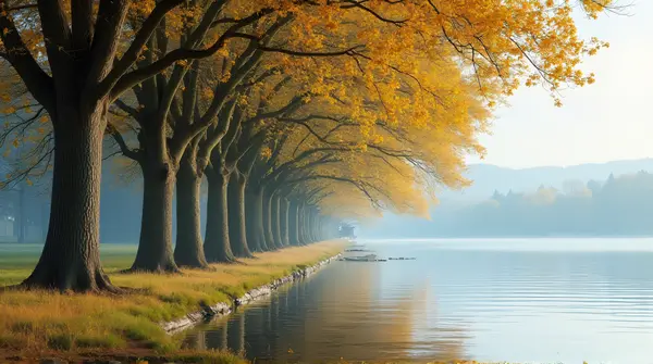Deciduous trees with textured bark reflecting on a smooth lake under a bright sky.
