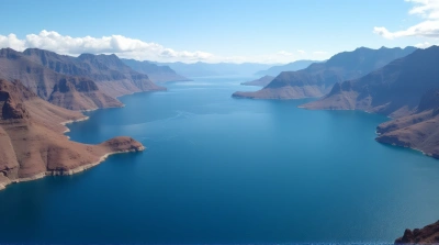 Deep Blue Lake Between Rugged Brown Peaks