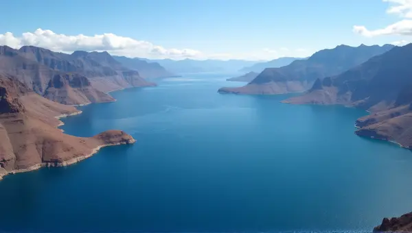Deep Blue Lake Between Rugged Brown Peaks