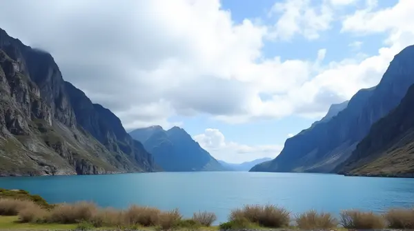 Deep Blue Water Between Rocky Peaks With Shrubs