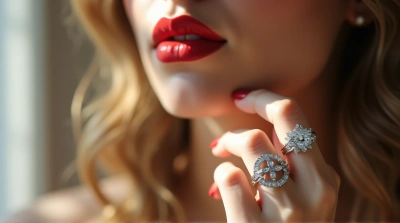 Deep Red Lip Color With Sparkling Silver Diamond Band
