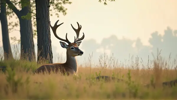 Deer Lying Among Tall Meadow Plants Near Trees