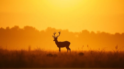 Deer Standing On Meadow In Warm Amber Light