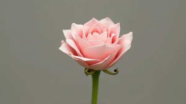 Single blush-colored bloom with tightly curled petals on a slender green stem against a muted backdrop