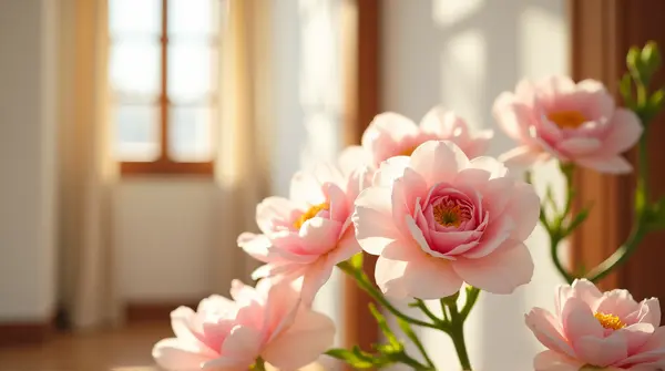 Delicate Blush Flowers In Sunlit Room Corner