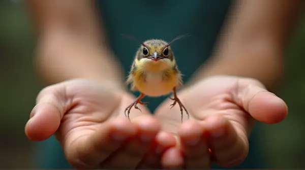 Close-up of a delicate exotic animal with detailed skin and feathers on an open palm against a blurred backdrop.