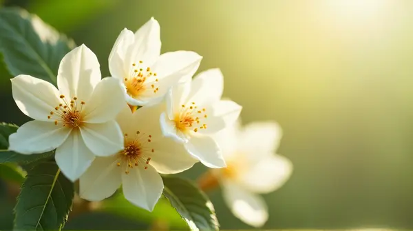 Close-up of pale petals lit by soft natural light with delicate green leaves and a blurred background.