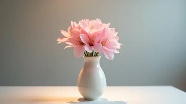 Cluster of delicate pink blossoms arranged in a slender ceramic vase on a minimalist surface with soft ambient light.