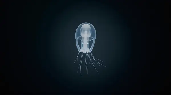 Close-up of a delicate transparent cubomedusan drifting with slender trailing appendages against a dark background