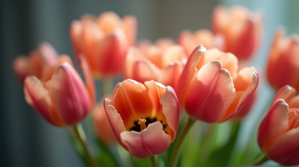 Cluster of delicate tulips showing detailed petal textures in shallow focus