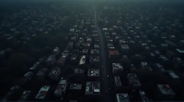 Overhead view of dense buildings and winding roads with contrasting shadows and bright spots under a dark sky.
