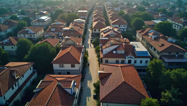 Dense Clustered Rooftops With Winding Pathways