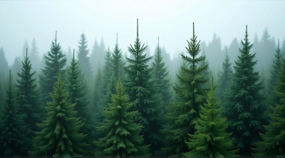 Dense Emerald Conifer Trees Under Misty Sky