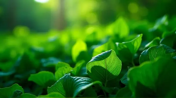 Close-up of dense emerald leaves overlapping under soft sunlight against a blurred background.