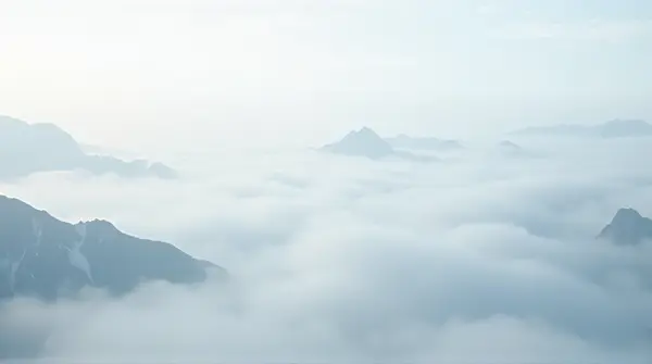 Thick white fog blankets mountain peaks seen from above in soft morning light